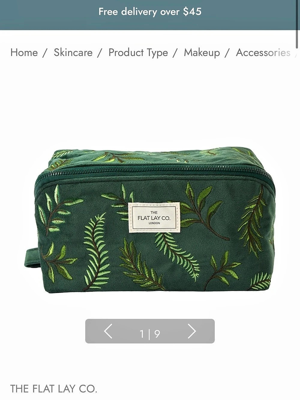 The Flat Lay Co. Embroidered Velvet Green Leaves Cosmetic Bag